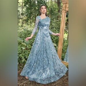 Sequin Asymmetrical Neck 3/4 Sleeves Formal Dress Woman Formal Ball Gown.